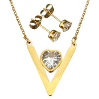 Rhinestone stainless steel Jewelry Set, earring & necklace, Letter V, gold color plated, oval chain & for woman & with rhinestone 1.5mm Approx 18 Inch 
