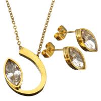 Fashion Stainless Steel Jewelry Sets, earring & necklace, with Crystal, Horse Eye, gold color plated, oval chain & for woman & faceted 1.5mm Approx 2 Inch 