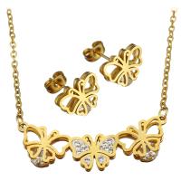 Rhinestone stainless steel Jewelry Set, earring & necklace, with Rhinestone Clay Pave, Butterfly, gold color plated, oval chain & for woman 2mm Approx 18 Inch 