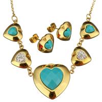 Rhinestone stainless steel Jewelry Set, earring & necklace, with Rhinestone Clay Pave & Resin, Heart, gold color plated, oval chain & for woman  2mm Approx 19 Inch 