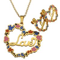 Enamel Stainless Steel Jewelry Sets, earring & necklace, Heart, word love, gold color plated, oval chain & for woman 2mm Approx 20 Inch 