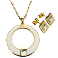 Rhinestone stainless steel Jewelry Set, earring & necklace, with 2Inch extender chain, Donut, gold color plated, oval chain & for woman & enamel & with rhinestone 2mm Approx 18 Inch 