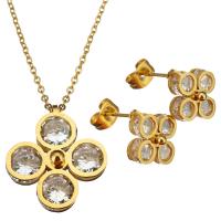 Rhinestone stainless steel Jewelry Set, earring & necklace, with 2Inch extender chain, Flower, gold color plated, oval chain & for woman & with rhinestone 1.5mm Approx 18 Inch 