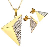 Rhinestone stainless steel Jewelry Set, earring & necklace, with Rhinestone Clay Pave, with 2Inch extender chain, Triangle, gold color plated, oval chain & for woman 1.5mm Approx 18 Inch 