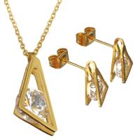 Joyería de acero inoxidable de diamantes de imitación, pendiente & collar, Triángulo, chapado en color dorado, cadena oval & para mujer & con diamantes de imitación, 10x24mm, 1.5mm, 7x13mm, longitud:aproximado 18 Inch, Vendido por Set