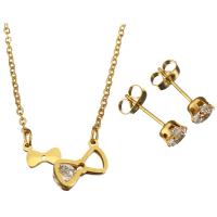Rhinestone stainless steel Jewelry Set, earring & necklace, with 2.5Inch extender chain, Bowknot, gold color plated, oval chain & for woman & with rhinestone 1.5mm Approx 18 Inch 