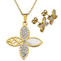 Rhinestone stainless steel Jewelry Set, earring & necklace, with Rhinestone Clay Pave & White Shell, Flower, gold color plated, oval chain & for woman 2mm Approx 20 Inch 