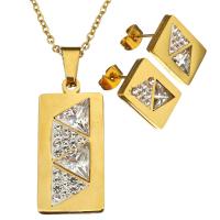 Rhinestone stainless steel Jewelry Set, earring & necklace, with Rhinestone Clay Pave, Rectangle, gold color plated, oval chain & for woman 2mm Approx 19 Inch 