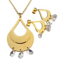 Rhinestone stainless steel Jewelry Set, sweater chain necklace & earring, Teardrop, gold color plated, oval chain & for woman & with rhinestone 7mm, 2mm 5mm Approx 24 Inch 