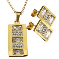 Rhinestone stainless steel Jewelry Set, earring & necklace, with Rhinestone Clay Pave, Rectangle, gold color plated, oval chain & for woman 2mm Approx 20 Inch 