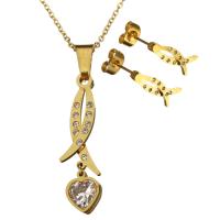 Rhinestone stainless steel Jewelry Set, earring & necklace, Fish, gold color plated, oval chain & for woman & with rhinestone  1.5mm Approx 18 Inch 
