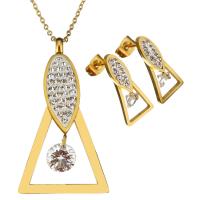Rhinestone stainless steel Jewelry Set, earring & necklace, with Rhinestone Clay Pave, with 2Inch extender chain, gold color plated, oval chain & for woman 1.5mm Approx 18 Inch 