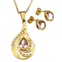 Rhinestone stainless steel Jewelry Set, earring & necklace, with Crystal, Teardrop, gold color plated, oval chain & for woman & faceted & with rhinestone 2mm Approx 20 Inch 