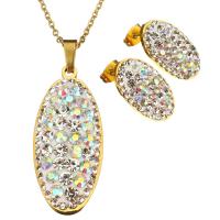 Rhinestone stainless steel Jewelry Set, earring & necklace, with Rhinestone Clay Pave, Flat Oval, gold color plated, oval chain & for woman 2mm Approx 20 Inch 