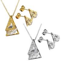 Rhinestone stainless steel Jewelry Set, earring & necklace, Triangle, plated, oval chain & for woman & with rhinestone 1.5mm Approx 16 Inch 