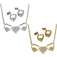 Rhinestone stainless steel Jewelry Set, earring & necklace, with Rhinestone Clay Pave, Heart, plated, oval chain & for woman 2mm Approx 17 Inch 