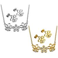 Rhinestone stainless steel Jewelry Set, earring & necklace, with Rhinestone Clay Pave, Flower, plated, oval chain & for woman 2mm Approx 18 Inch 