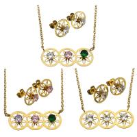 Rhinestone stainless steel Jewelry Set, earring & necklace, Flower, gold color plated, oval chain & for woman & with rhinestone 2mm Approx 20 Inch 