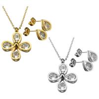 Rhinestone stainless steel Jewelry Set, earring & necklace, Flower, gold color plated, oval chain & for woman & with rhinestone 2mm Approx 18 Inch 