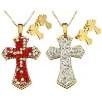 Rhinestone stainless steel Jewelry Set, earring & necklace, with Rhinestone Clay Pave, Cross, gold color plated, oval chain & for woman 2mm Approx 20 Inch 