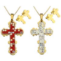Rhinestone stainless steel Jewelry Set, earring & necklace, with Rhinestone Clay Pave, Cross, gold color plated, oval chain & for woman 2mm Approx 20 Inch 