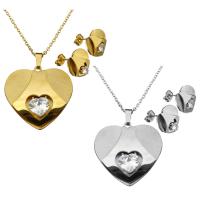 Rhinestone stainless steel Jewelry Set, earring & necklace, Heart, plated, oval chain & for woman & with rhinestone 2mm Approx 20 Inch 