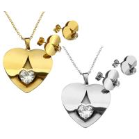 Rhinestone stainless steel Jewelry Set, earring & necklace, Heart, plated, oval chain & for woman & with rhinestone 2mm Approx 20 Inch 