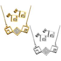 Rhinestone stainless steel Jewelry Set, earring & necklace, with Rhinestone Clay Pave, Rhombus, plated, oval chain & for woman 2mm Approx 19 Inch 
