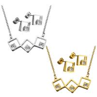 Rhinestone stainless steel Jewelry Set, earring & necklace, Rhombus, plated, oval chain & for woman & with rhinestone 2mm Approx 18 Inch 