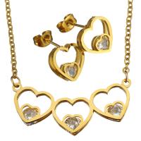 Joyería de acero inoxidable de diamantes de imitación, pendiente & collar, Corazón, chapado en color dorado, cadena oval & para mujer & con diamantes de imitación, 36x12mm, 2mm, 12x12mm, longitud:aproximado 17 Inch, Vendido por Set