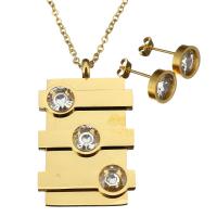 Rhinestone stainless steel Jewelry Set, earring & necklace, Rectangle, gold color plated, oval chain & for woman & with rhinestone 2mm Approx 17 Inch 