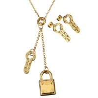 Rhinestone stainless steel Jewelry Set, earring & necklace, Lock and Key, gold color plated, oval chain & for woman & with rhinestone  2mm Approx 18 Inch 