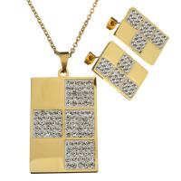 Rhinestone stainless steel Jewelry Set, earring & necklace, with Rhinestone Clay Pave, Rectangle, gold color plated, oval chain & for woman 2mm Approx 18 Inch 
