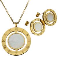 Fashion Stainless Steel Jewelry Sets, earring & necklace, with White Shell, Flat Round, gold color plated, with roman number & oval chain & for woman 2mm Approx 20 Inch 
