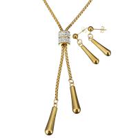 Rhinestone stainless steel Jewelry Set, sweater chain necklace & earring, with Rhinestone Clay Pave, gold color plated, box chain & for woman  2.5mm, 35mm Approx 24 Inch 