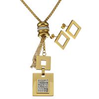 Rhinestone stainless steel Jewelry Set, earring & necklace, with Rhinestone Clay Pave, Square, gold color plated, box chain & for woman  2mm Approx 22 Inch 