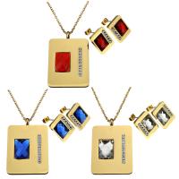 Rhinestone stainless steel Jewelry Set, earring & necklace, with Rhinestone Clay Pave & Crystal, Rectangle, gold color plated, oval chain & for woman & faceted 2mm Approx 18 Inch 