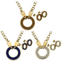 Rhinestone stainless steel Jewelry Set, earring & necklace, with Rhinestone Clay Pave, Donut, gold color plated, oval chain & for woman 6mm Approx 18 Inch 