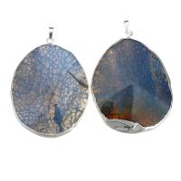 Agate Brass Pendants, Flat Flower Agate, with Brass, Flat Oval, silver color plated, 47-50x63-66x11-12 Approx 