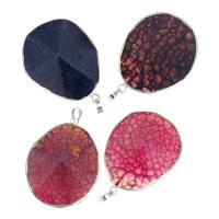 Agate Brass Pendants, Flat Flower Agate, with Brass, Flat Oval, silver color plated 40-41x54-55x10-13mm Approx 