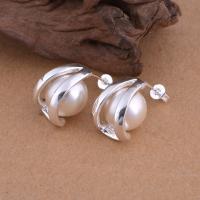 Brass Stud Earring, with Glass Pearl, real silver plated, for woman, lead & cadmium free 