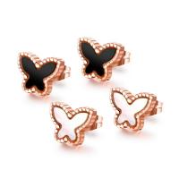Titanium Steel Earrings, with Black Shell & White Shell, Butterfly, rose gold color plated, hypo allergic & for woman 8mm 