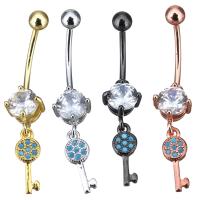 Brass Piercing Barbell, Key, plated, with cubic zirconia 36mm 1mm, 4mm 
