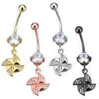 Brass Piercing Barbell, Pinwheel, plated, with cubic zirconia 37mm 1mm, 4mm 