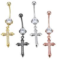 Brass Piercing Barbell, Cross, plated, with cubic zirconia 44mm 1mm, 4mm 