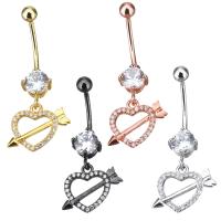 Brass Piercing Barbell, Heart, plated, with cubic zirconia 36mm 1mm, 4mm 