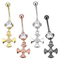 Brass Piercing Barbell, Flower, plated, with cubic zirconia 38mm 1mm,  4mm 