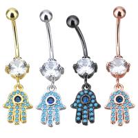 Brass Piercing Barbell, Hamsa, plated, with cubic zirconia 36mm 1mm,  4mm 