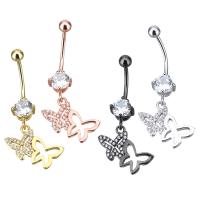 Brass Piercing Barbell, Butterfly, plated, with cubic zirconia 40mm 1mm,  4mm 