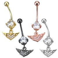 Brass Piercing Barbell, Heart, plated, with cubic zirconia 32mm 1mm,  4mm 
